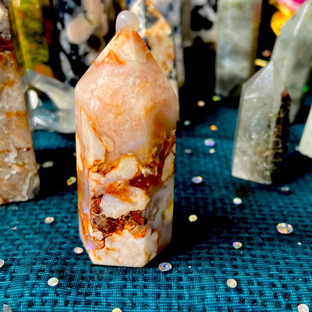 Flower agate tower 2 inches tall